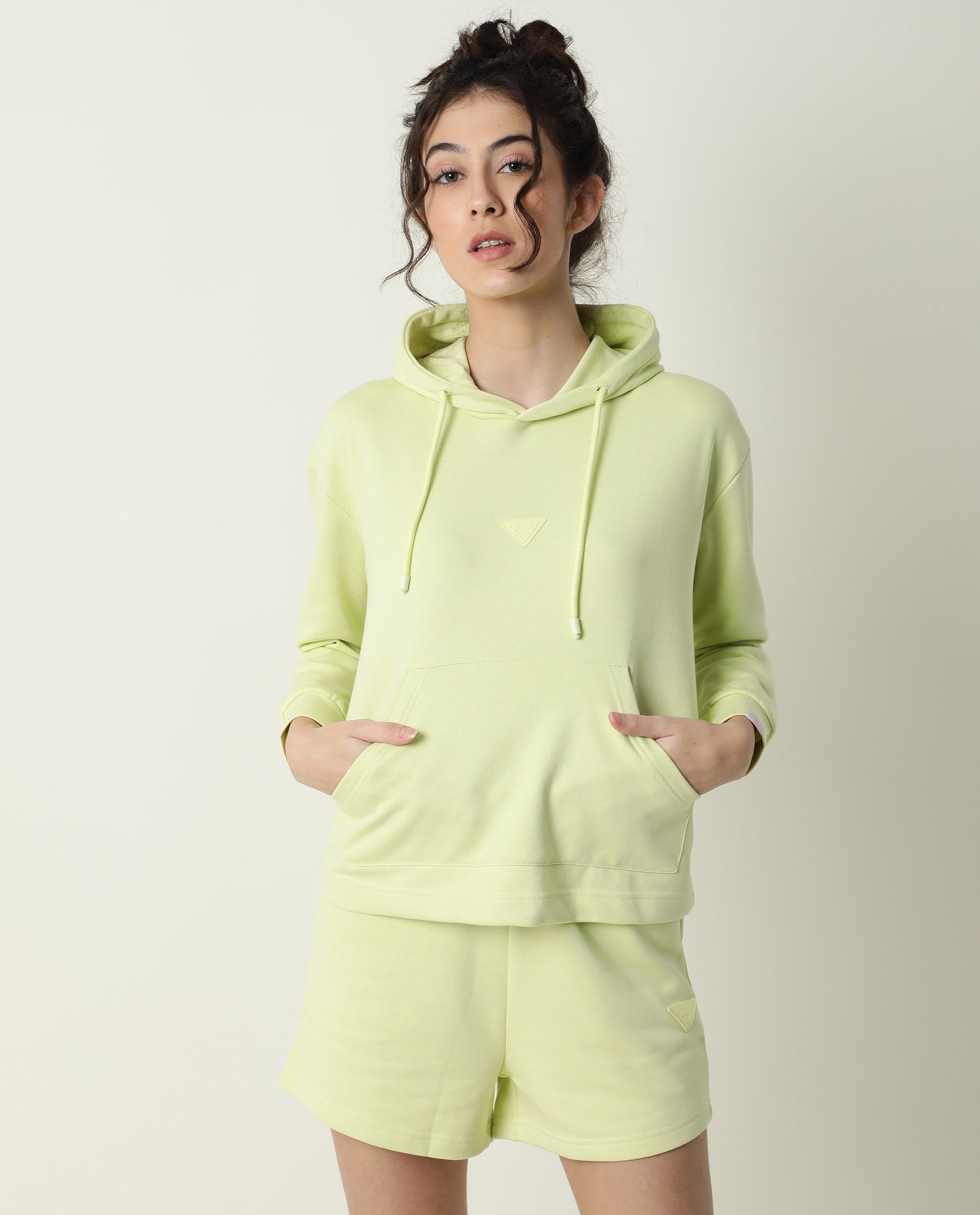 Rareism Women Wally-1 Flouroscent Green Cotton Poly Fabric Relaxed Fit Full Sleeves Solid Hooded Sweatshirt