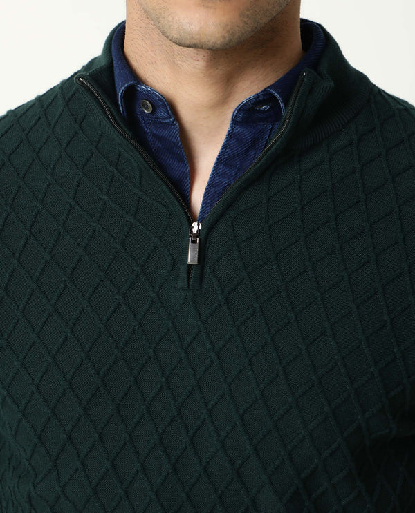 Rare Rabbit Men'S Troyer Green Pullover Cotton Fabric Round Neck Full Sleeves Zipper Closure Slim Fit