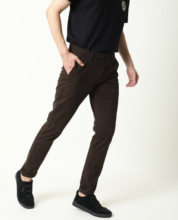 Rare Rabbit Men's Aps Dark Brown Trouser Solid Mid-Rise Regular Fit Stretch Trouser