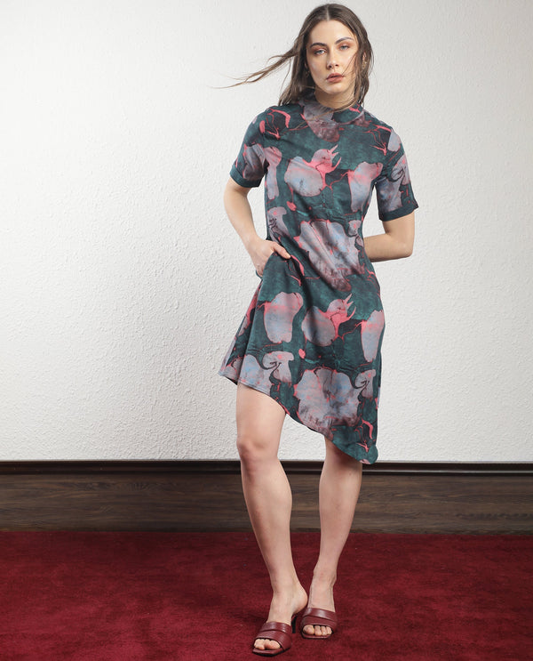 Rareism Women Calantha Multi Viscose Fabric Short Sleeves Zip Closure High Neck Regular Fit Floral Print Knee Length Asymmetric Dress