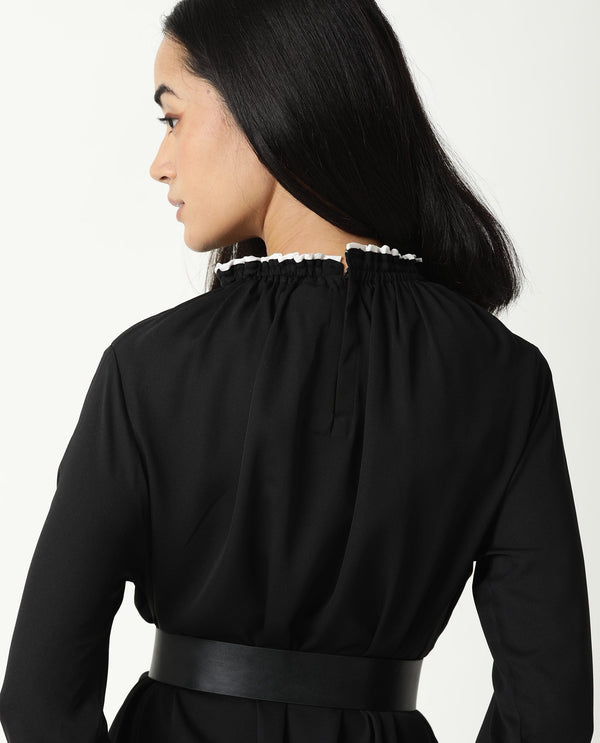 Rareism Women Spoke Black Ruffled Round Neck With Full Sleeves Back Button Closure Mini Dress