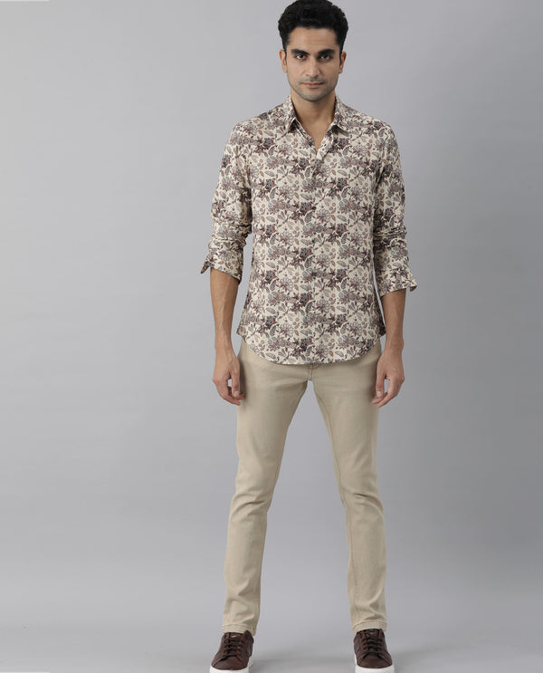 Rare Rabbit Men's Ravell Beige Cotton Viscose Fabric Full Sleeves Floral Print Shirt