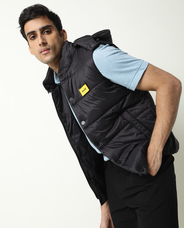 Rare Rabbit Men's Depot Black Plain Sleeveless Detachable Hood Puffer Jacket