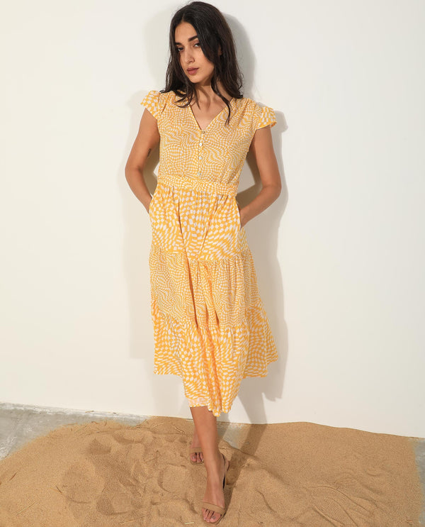 Rareism Women's Whitney Yellow Cotton Fabric V-Neck Button Closure Cape Sleeve Geometric Print  Knee Length Dress