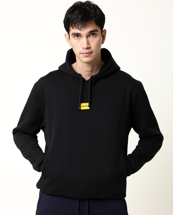 Rare Rabbit Men's Indo Black Cotton Polyester Fabric Full Sleeves Detachable Badge Hooded Sweatshirt