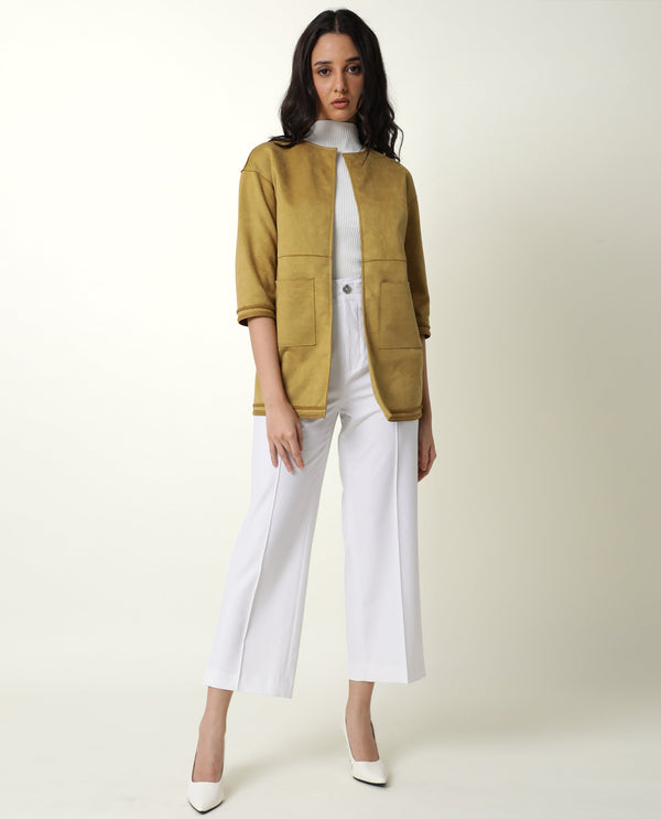 Rareism Women Square Dark Yellow Polyester Fabric 3/4Th Sleeves Solid Boat Neck Jacket