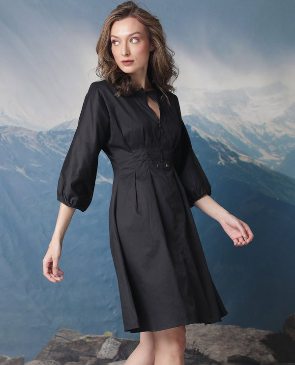 Rareism Women's Mayem Black Cotton Fabric Crew Neck Zipper Closure Volume Sleeve Plain Fit And Flare Knee Length Dress