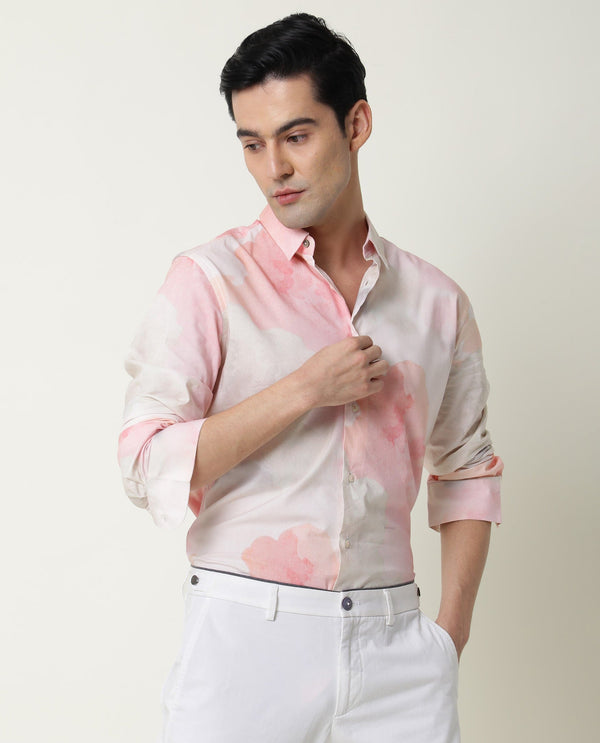 Rare Rabbit Men's Fife Pink Viscose Fabric Full Sleeves Abstract Print Shirt
