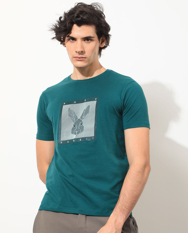 Rare Rabbit Men's Princeton Green Crew Neck Graphic Logo Printed Half Sleeves Slim Fit T-Shirt