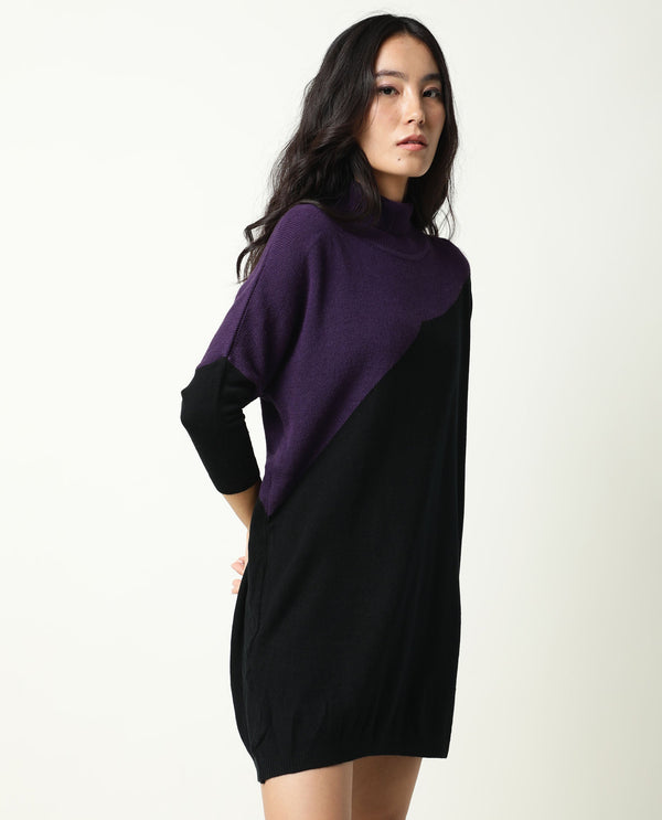 Rareism Women Spaton Purple Acrylic Fabric Full Sleeves Knee Length Regular Fit Color Blocked High Neck Sweater