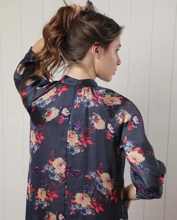 Rareism Women Clem Navy Polyester Fabric 3/4Th Sleeves High Neck Volume Sleeve Relaxed Fit Floral Print Knee Length Boxy Dress