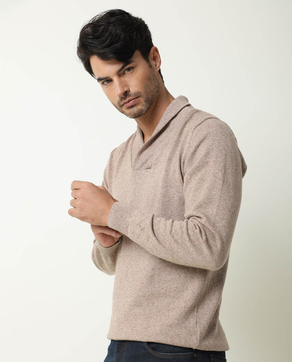 Rare Rabbit Denvy Primary Beige Cotton Fabric Full Sleeve Broad Collar Slim Fit Sweater