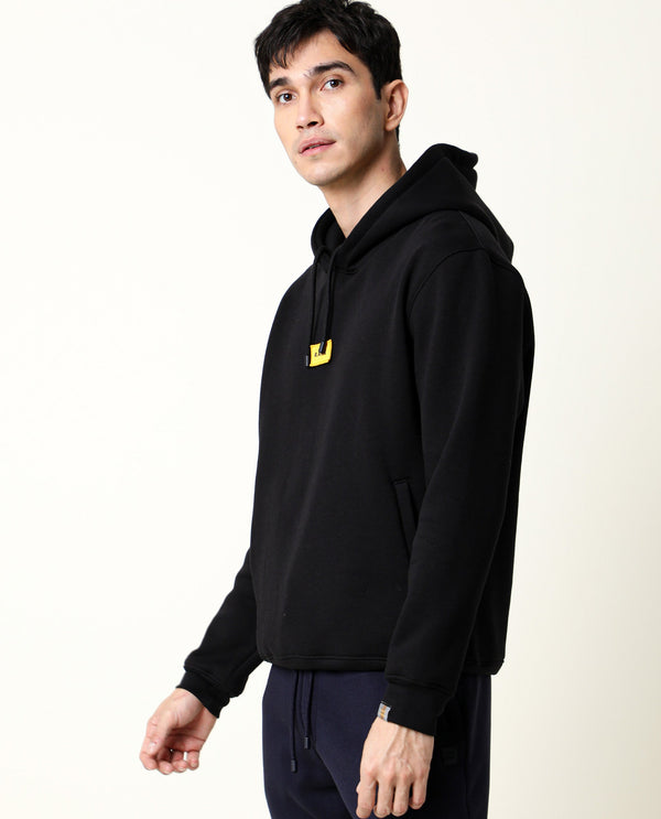 Rare Rabbit Men's Indo Black Cotton Polyester Fabric Full Sleeves Detachable Badge Hooded Sweatshirt