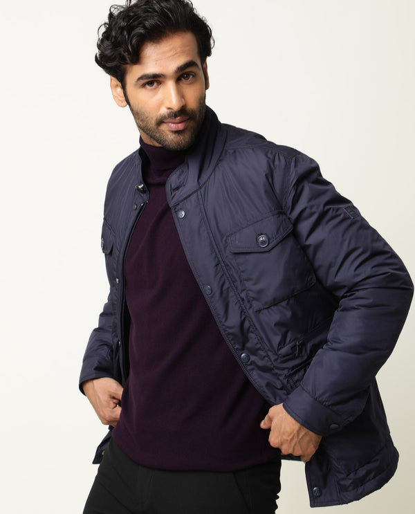 Rare Rabbit Men's Mass Navy Plain Stand Collar Puffed Jacket