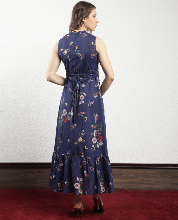 Rareism Women Jemma Navy Cotton Fabric Zip Closure High Neck Sleeveless Regular Fit Floral Print Maxi Dress