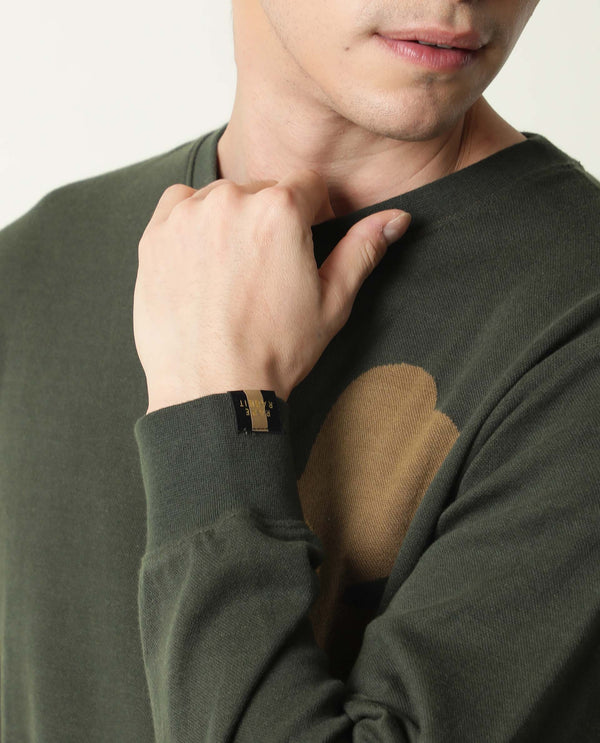 Rare Rabbit Men's Fauna Olive Cotton Fabric Full Sleeves Floral Print Knitted Sweatshirt