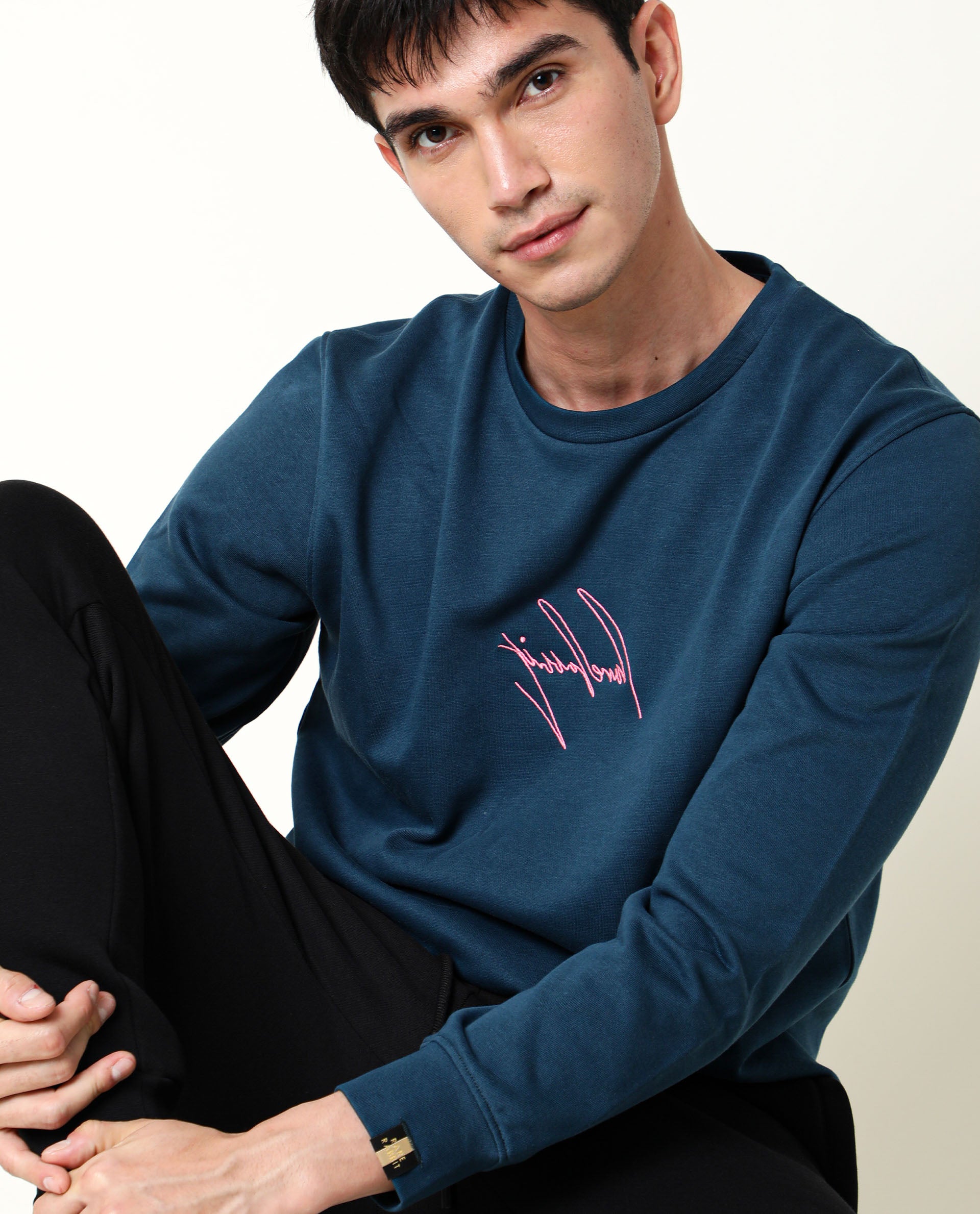Rare Rabbit Mens Neos Petrol Cotton Polyester Fabric Crew Neck Full Sleeves Regular Fit Sweatshirt