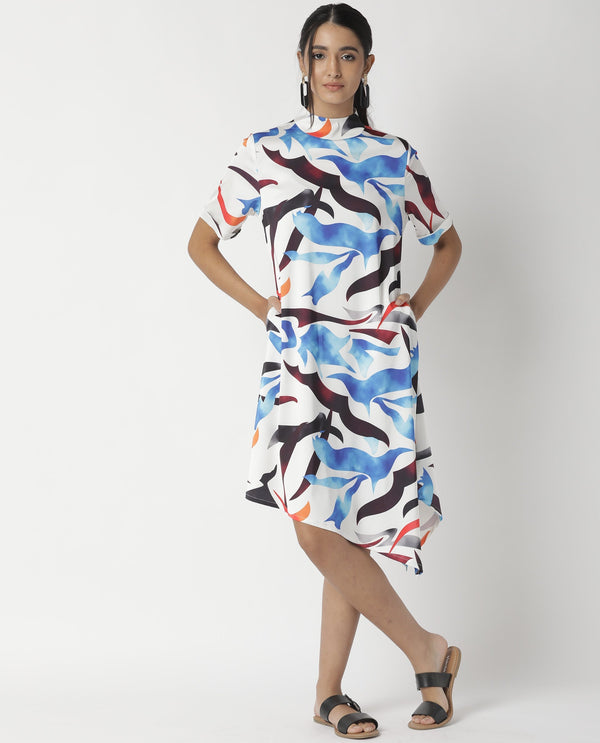Rareism Women Saler White Abstract Band Collar Short Sleeves With Pockets Asymmetric Knee Length Dress