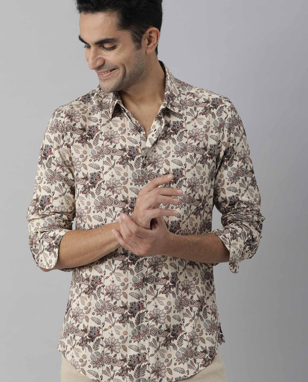 Rare Rabbit Men's Ravell Beige Cotton Viscose Fabric Full Sleeves Floral Print Shirt