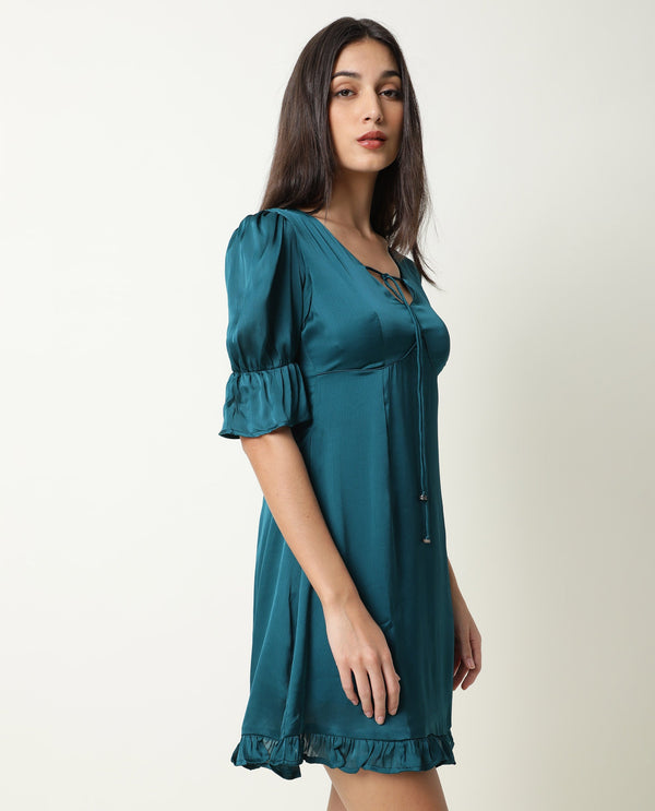 Rareism Women Betty Green V Neck Front Tie Up Short Puff Sleeves With Ruffled Hem Mini Dress