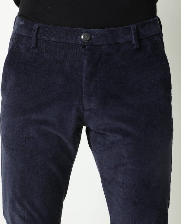 Rare Rabbit Men's Croc Navy Mid-Rise Regular Fit Premium Velvet Trouser