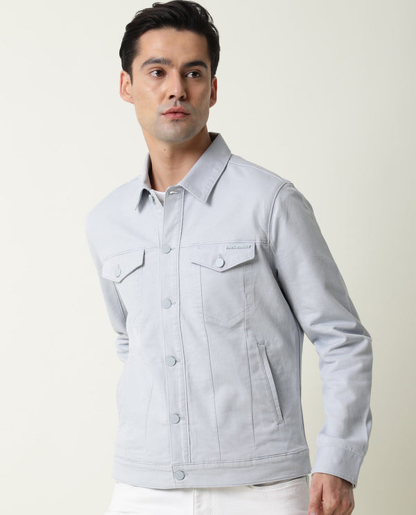 Rare Rabbit Men'S Vintage Blue Jacket Cotton Fabric Collared Neck Full Sleeves Button Closure Slim Fit