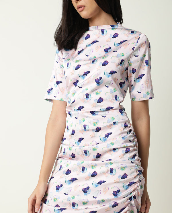 Rareism Women Flirty Light Pink Abstract High Neck Short Sleeve Runches At Side And Back With Back Zip Closure Mini Dress