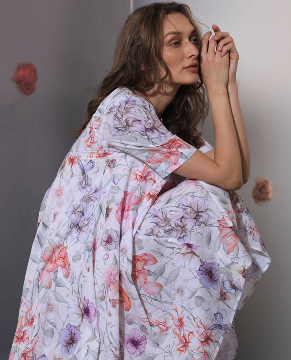Rareism Women's Paola Multi Cotton Fabric Lapel Neck Slip-On Closure Half Sleeve Floral Print Flared Knee Length Dress