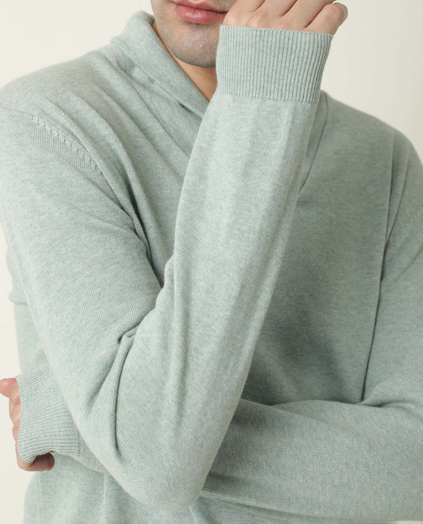 Rare Rabbit Men'S Denvy Light Green Pullover Cotton Fabric Cowl Neck Full Sleeves Slim Fit