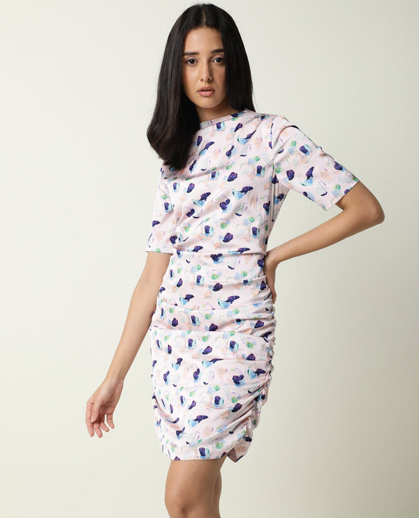 Rareism Women Flirty Light Pink Abstract High Neck Short Sleeve Runches At Side And Back With Back Zip Closure Mini Dress