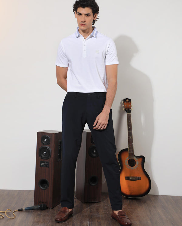 Rare Rabbit Men's Divide White Cotton Fabric Striped Collar Half Sleeves Polo T-Shirt