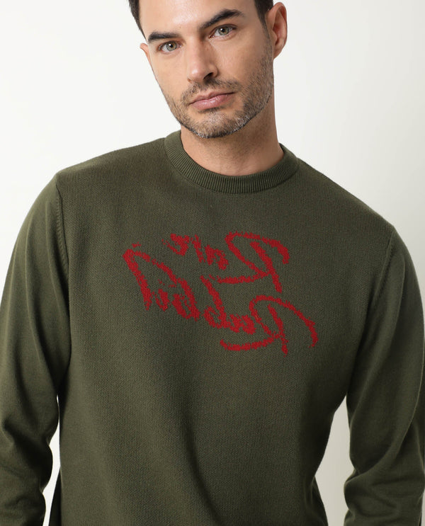 RARE RABBIT MEN'S TEEDO OLIVE PULLOVER COTTON FABRIC ROUND NECK FULL SLEEVES SLIM FIT