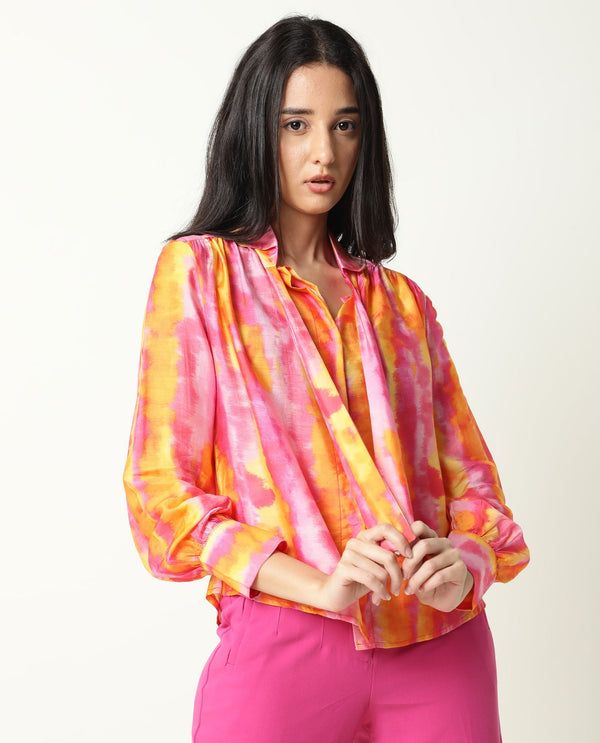 Rareism Womens Dense Pink Top Modal Satin Fabric Regular Fit Full Sleeve Tie Up Neck