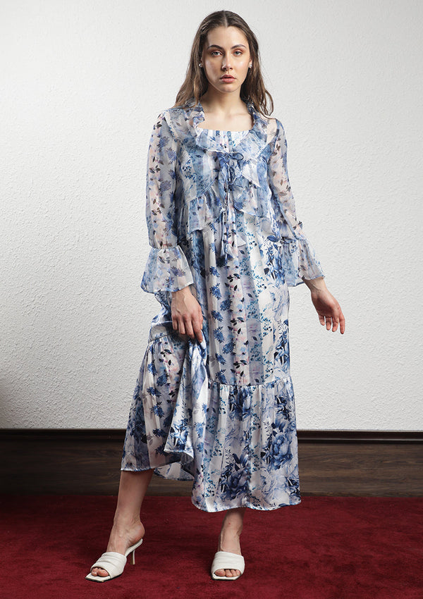 Rareism Women's Macy Light Blue Polyester Fabric Shoulder Straps Slip-On Closure Sleeveless Floral Print  Maxi Dress