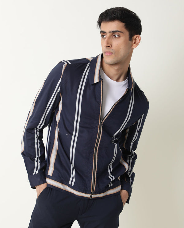 Rare Rabbit Men'S Hono Navy Jacket Cotton Fabric Full Sleeves Slim Fit