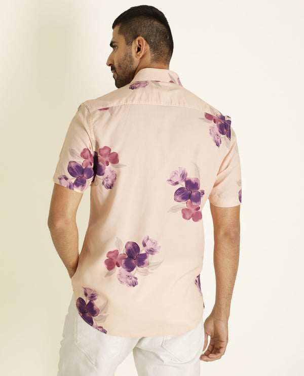 Rare Rabbit Men's Zion Beige Viscose Fabric Floral Print Half Sleeves Shirt