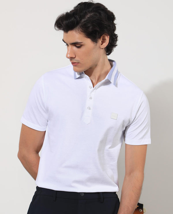 Rare Rabbit Men's Divide White Cotton Fabric Striped Collar Half Sleeves Polo T-Shirt