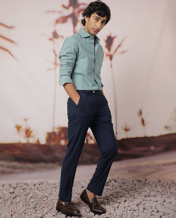 Rare Rabbit Men's Vitaro Navy Solid Mid-Rise Regular Fit Trouser
