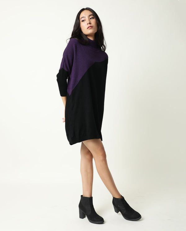 Rareism Women Spaton Purple Acrylic Fabric Full Sleeves Knee Length Regular Fit Color Blocked High Neck Sweater