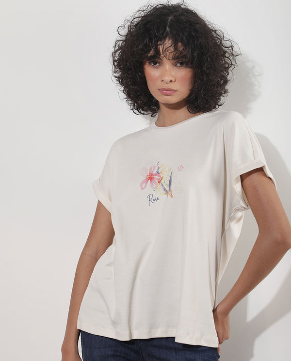Rareism Women Cersha Beige Cotton Fabric Short Sleeves Crew Neck Extended Sleeve Boxy Fit Graphic Print T-Shirt