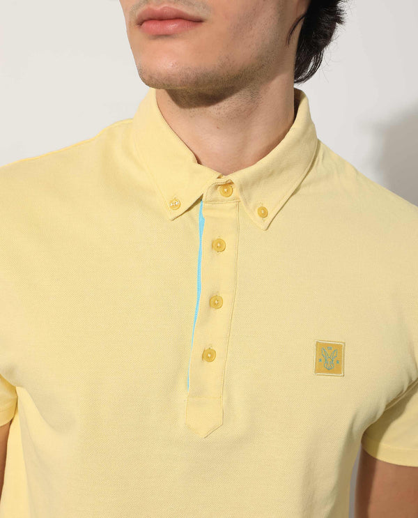 Rare Rabbit Men's Herval Light Yellow Cotton Fabric Short Sleeves Collared Neck Slim Fit Polo T-Shirt