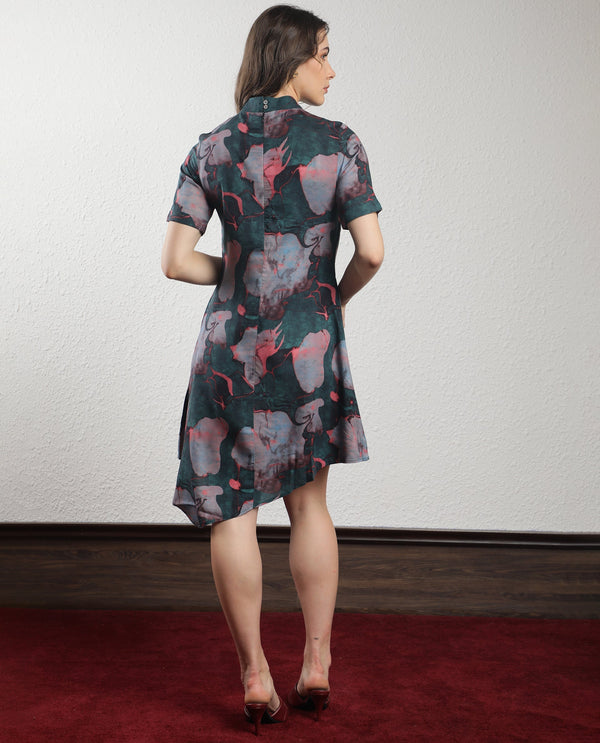 Rareism Women Calantha Multi Viscose Fabric Short Sleeves Zip Closure High Neck Regular Fit Floral Print Knee Length Asymmetric Dress