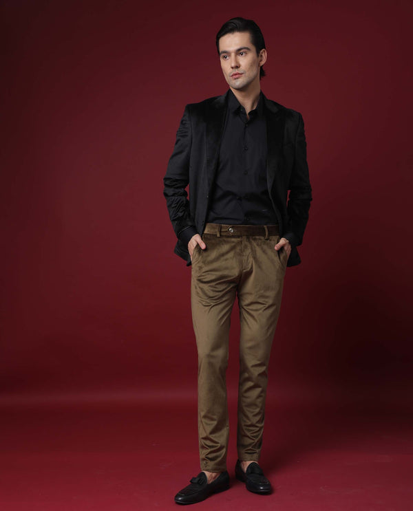 Rare Rabbit Men's Ozzy Olive Solid Mid-Rise Slim Fit Premium Velvet Trouser