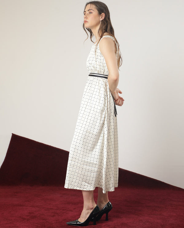 Rareism Women Narcissa Beige Polyester Fabric Boat Neck Sleeveless Regular Fit Polka Knee Length Empire Dress