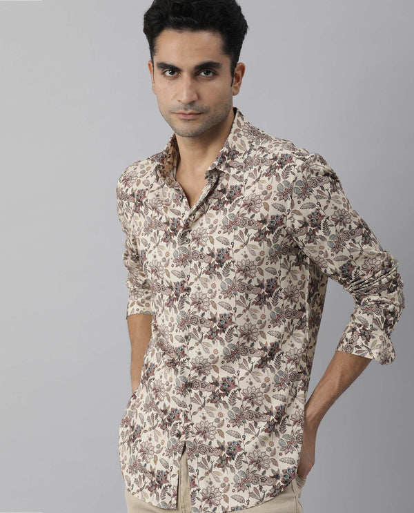 Rare Rabbit Men's Ravell Beige Cotton Viscose Fabric Full Sleeves Floral Print Shirt