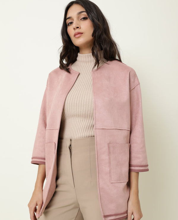Rareism Women Square Dark Pink Polyester Fabric 3/4Th Sleeves Solid Boat Neck Jacket