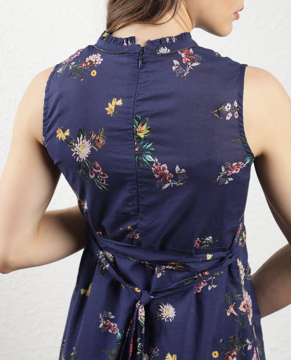 Rareism Women Jemma Navy Cotton Fabric Zip Closure High Neck Sleeveless Regular Fit Floral Print Maxi Dress
