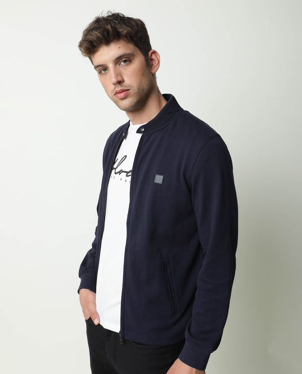 Rare Rabbit Men's Morris Navy Plain Cotton Knit Jacket