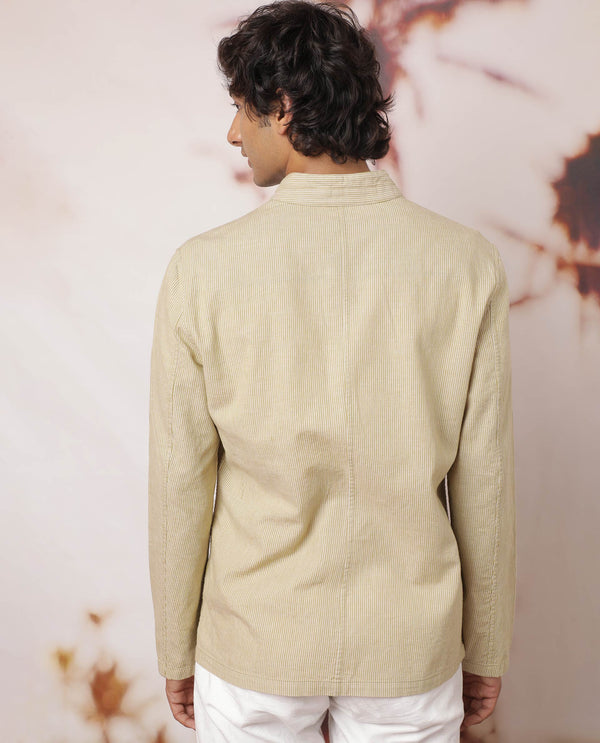 Rare Rabbit Men's Trex Mustard Linen Blend Mandarin Collar Striped Jacket