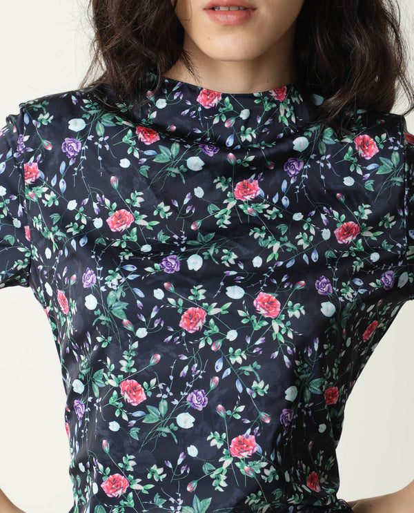 Rareism Women John Navy Floral Print High Neck Short Sleeves Ruching At Sides And Back With Back Zip Closure Mini Dress